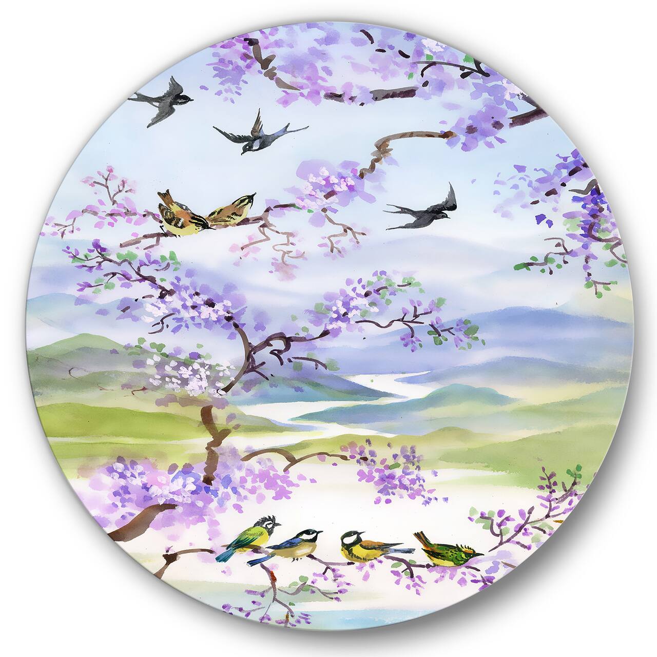 Designart - Birds On Cherry Branch - Traditional Metal Circle Wall Art